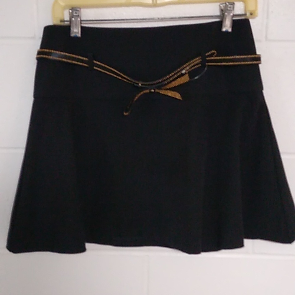A. BYER WIDE DROP WAIST, FLARE, GOLD ACCENTED BOW BELT, ZIP BACK MINI SKIRT